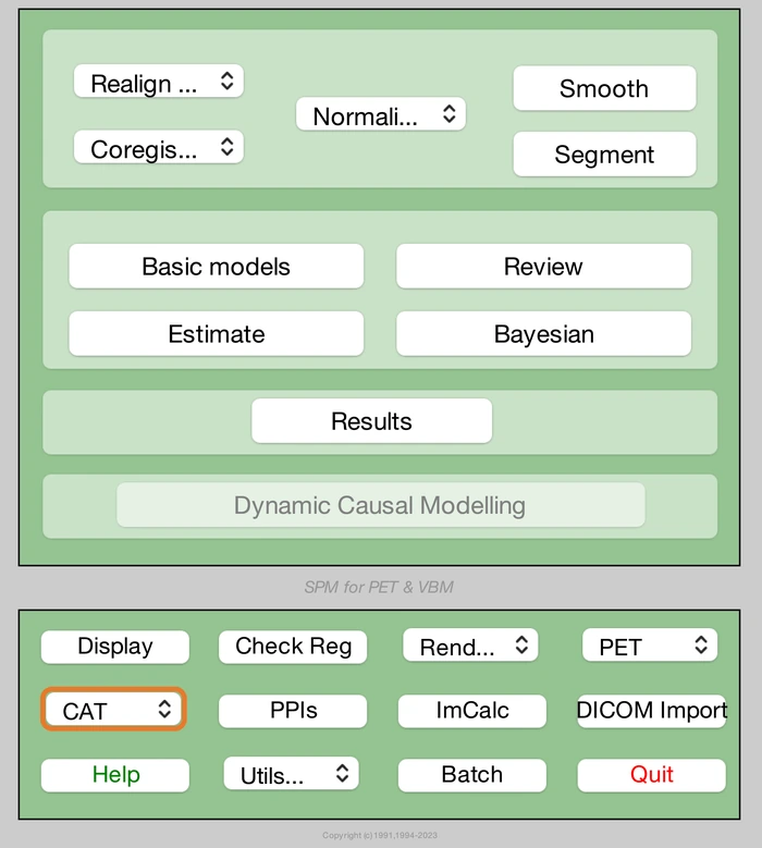 SPM menu window with CAT selected in the toolbox list